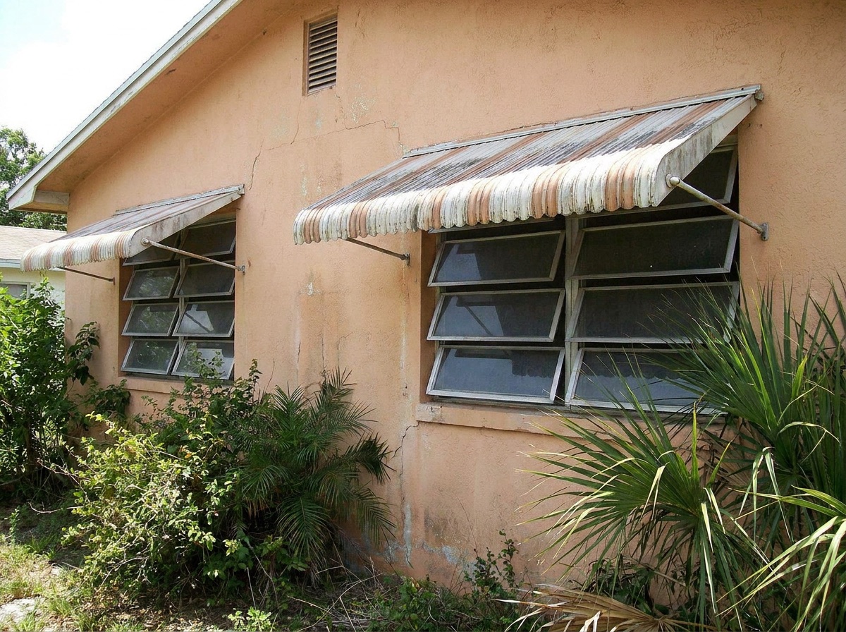 Aging single-pane windows on a Florida home before impact-window installation
